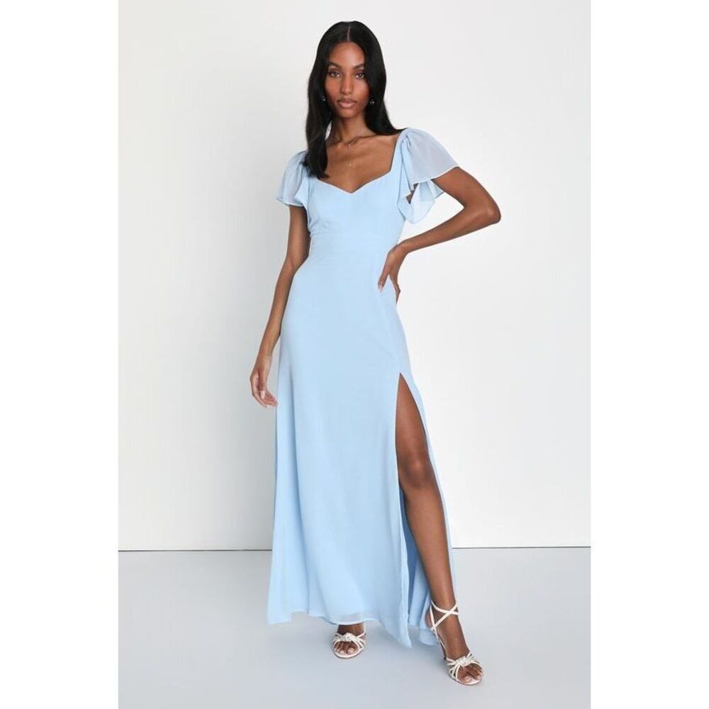 Lulus Simply Delightful Light Blue Tie-back Flutter Sleeve Maxi Dress - Size L